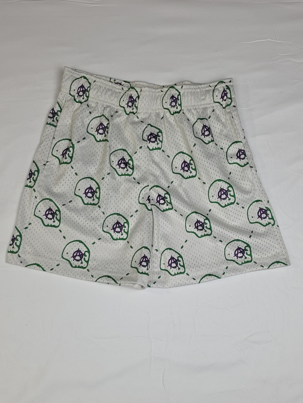 Bravest Studios White Mesh Shorts with Green & Purple Skull Motif Small